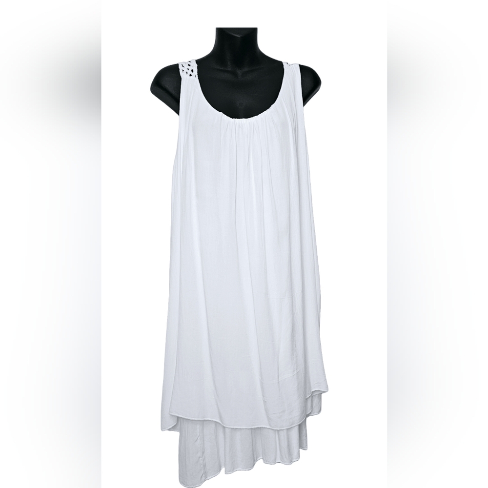 [ONE WORLD] Made in ITALY BOHO Summer CROCHET White Mini Tiered Dress Women 12